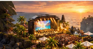 Panggung konser dan penonton dengan cahaya senja di pesisir Bali